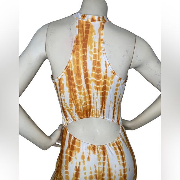 UNBRANDED Yellow/White Tie Dye Racerback Halter Mermaid Fitted Cutout Maxi Dress - Picture 11 of 13
